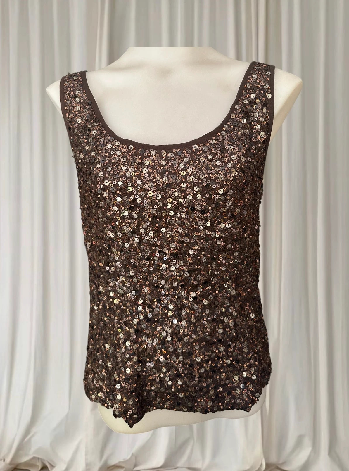 Okira Brown Sequin Beaded Tank Top - 100% Silk Women's Size S-M - Image 3