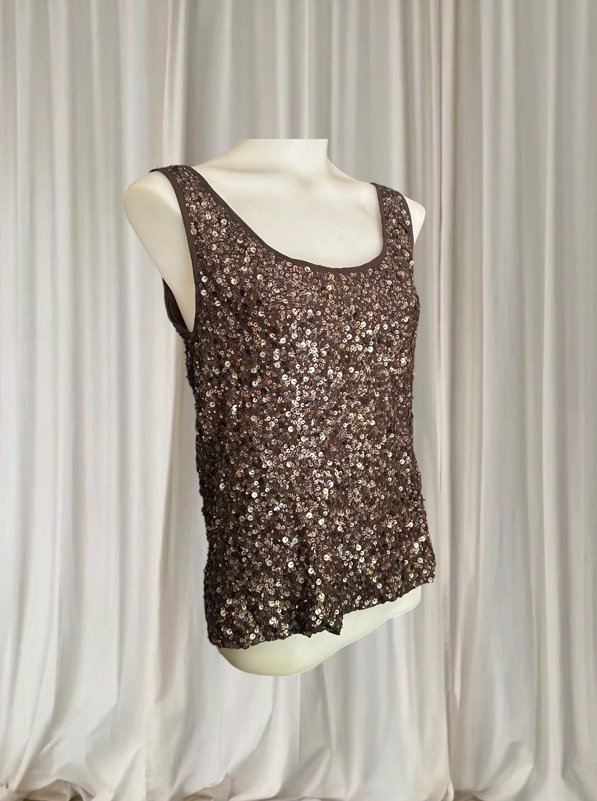 Okira Brown Sequin Beaded Tank Top - 100% Silk Women's Size S-M - Image 2