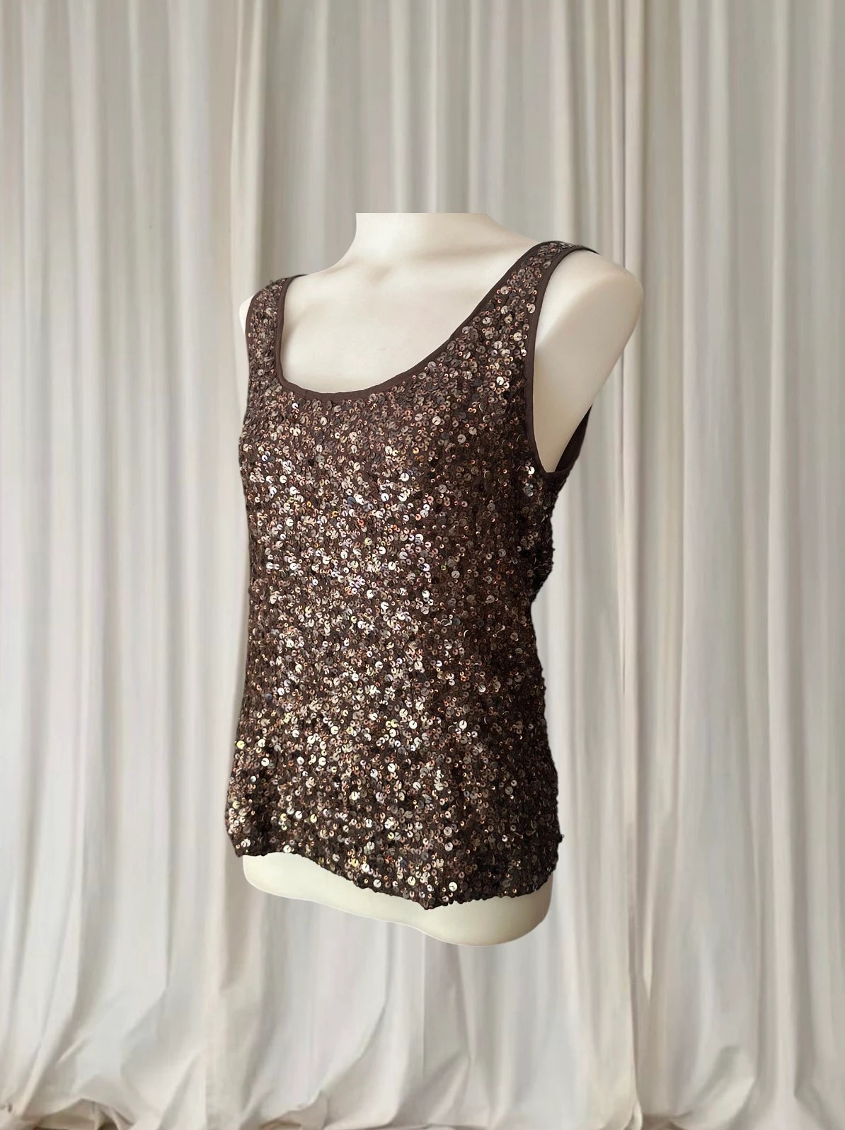 Okira Brown Sequin Beaded Tank Top - 100% Silk Women's Size S-M - Image 4