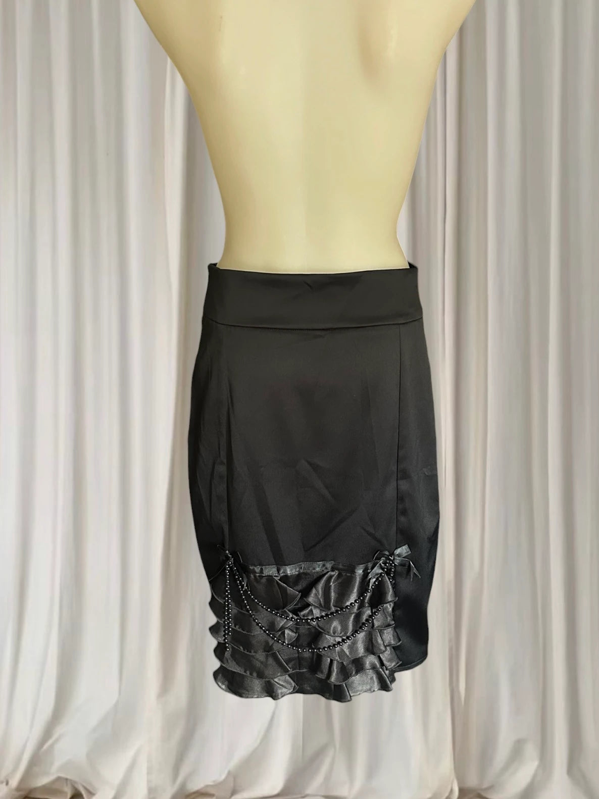 Kitten D'Amour Pencil Skirt - Elegant Black Satin With Ruffled Hem - Image 2