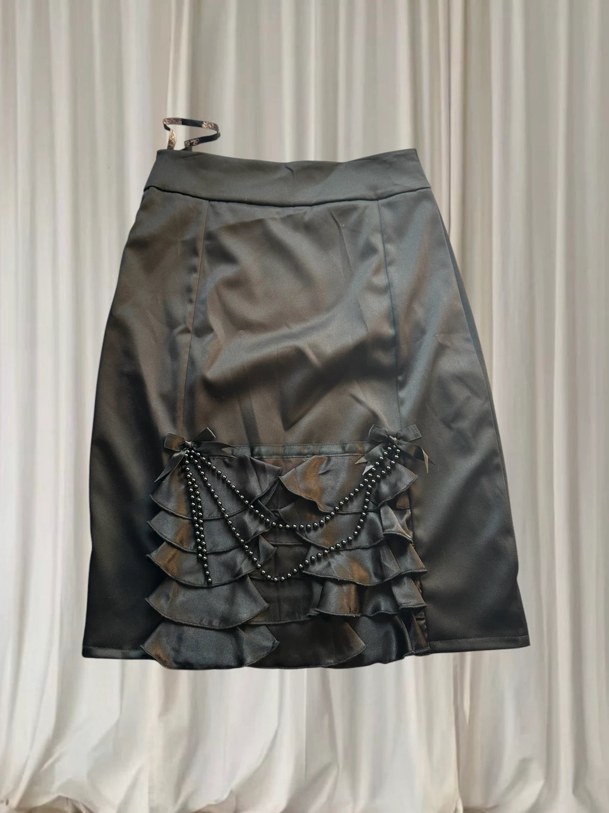 Kitten D'Amour Pencil Skirt - Elegant Black Satin With Ruffled Hem - Image 1