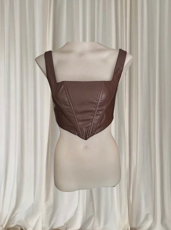 Shareen Vintage Brown Faux Leather Corset Top - Size XS - Image 1