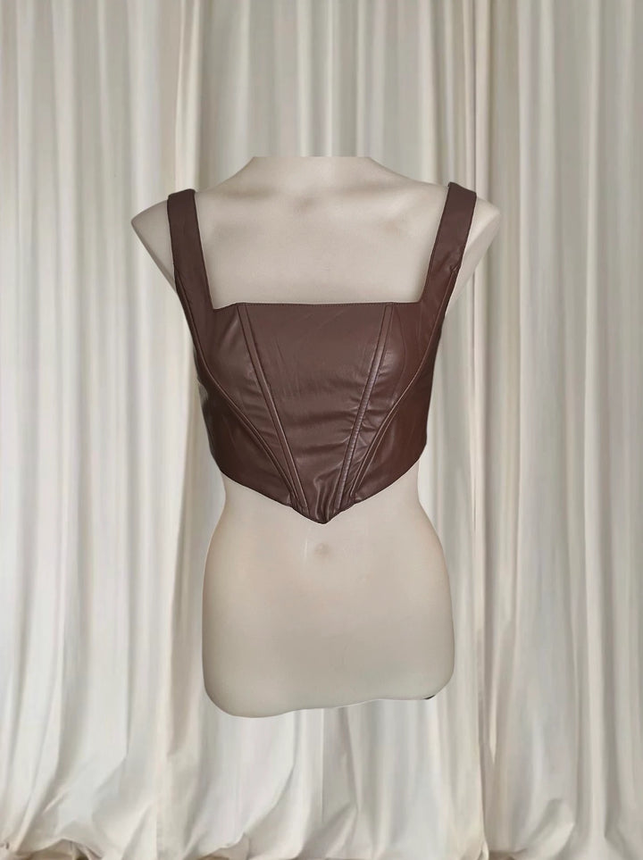 Shareen Vintage Brown Faux Leather Corset Top - Size XS - Image 1