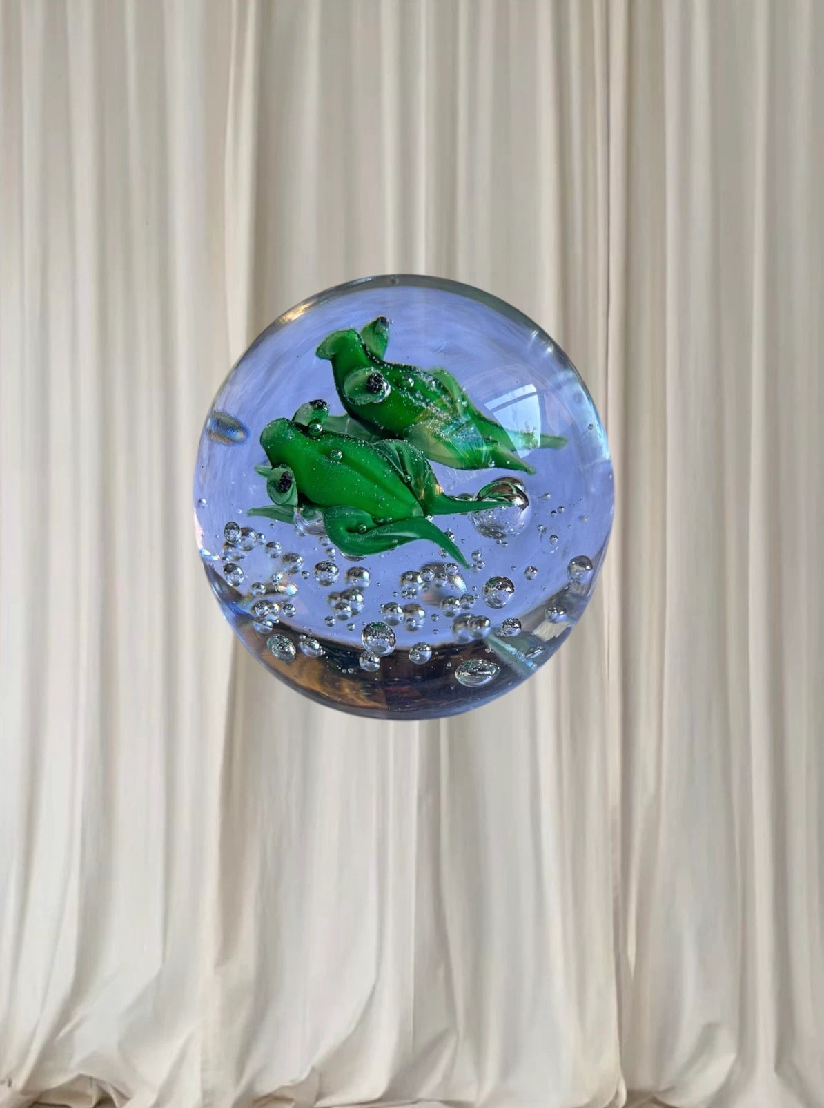 Artisan Vintage Art Glass Paperweight - Two Green Frogs with Controlled Bubbles - Image 1