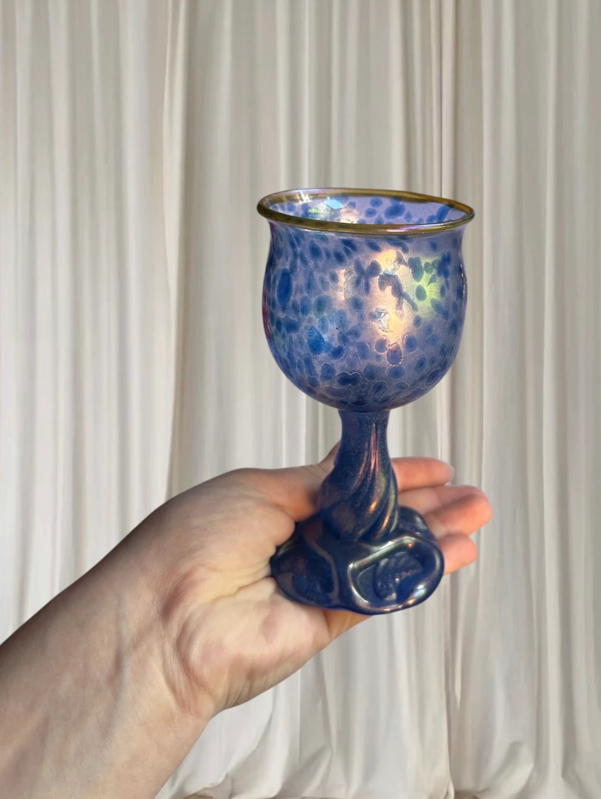 Vintage Art Glass Chalice - Iridescent Blue Speckled Twisted Stem - Image 1