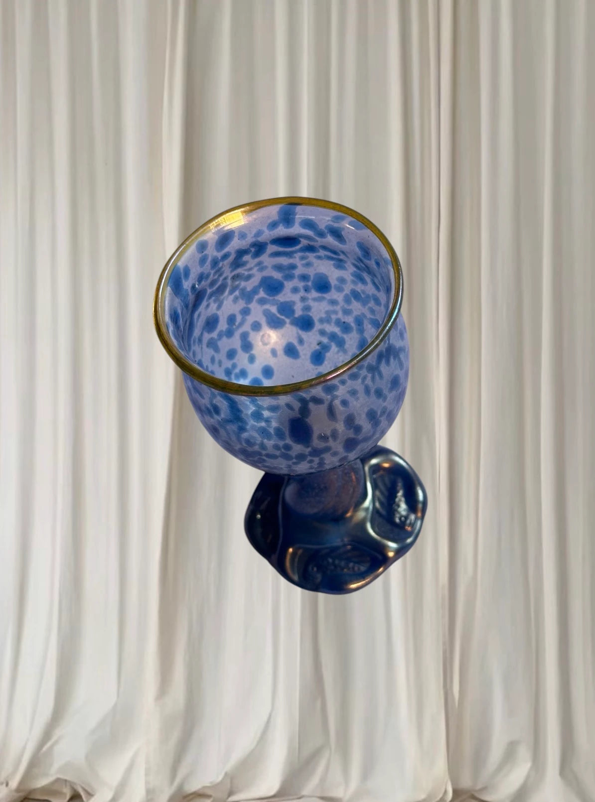 Vintage Art Glass Chalice - Iridescent Blue Speckled Twisted Stem - Image 3