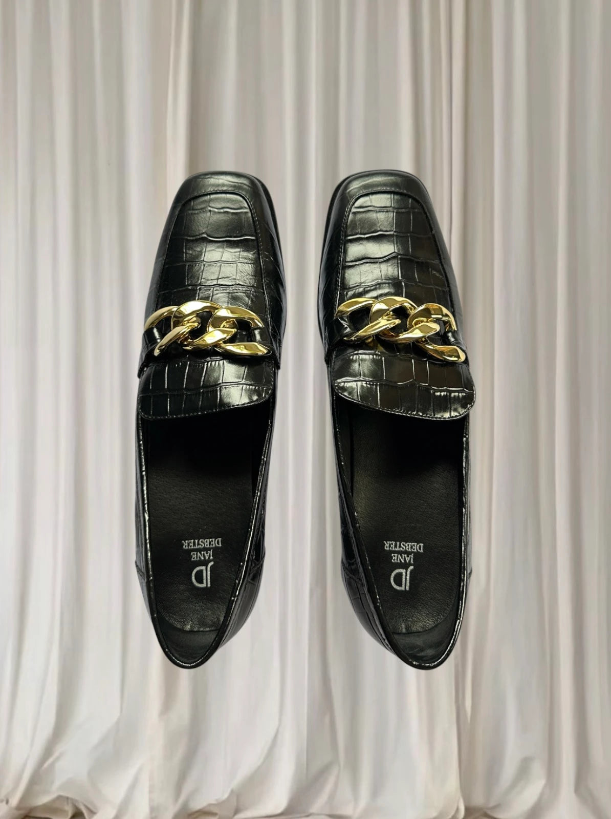 Jane Debster Croc-Embossed Loafers - Black Leather Gold Chain Detail 42 - Image 2