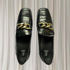 Jane Debster Croc-Embossed Loafers - Black Leather Gold Chain Detail 42 - Image 2