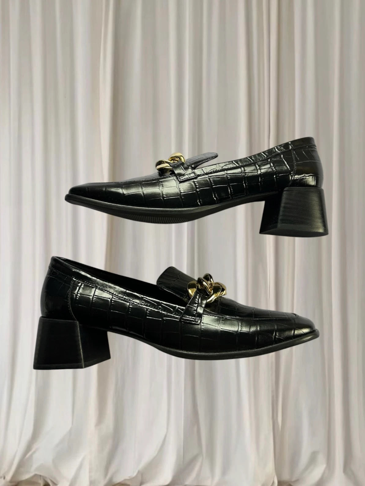Jane Debster Croc-Embossed Loafers - Black Leather Gold Chain Detail 42 - Image 3
