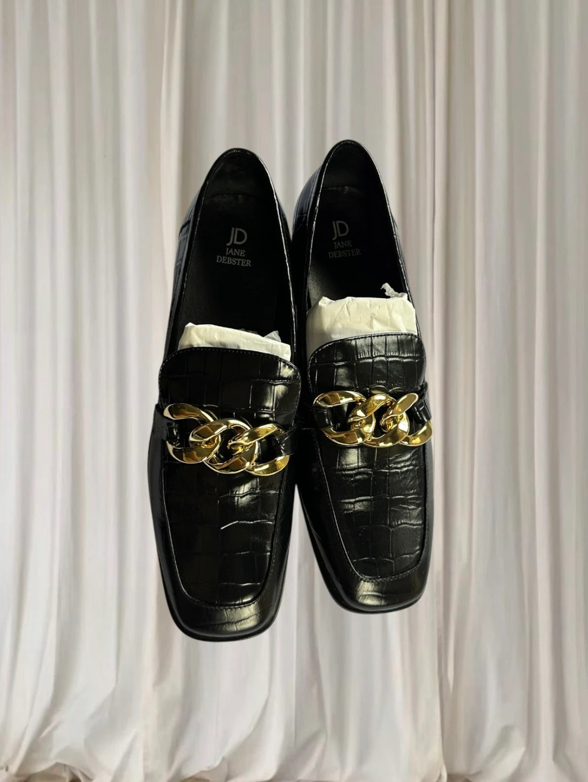 Jane Debster Croc-Embossed Loafers - Black Leather Gold Chain Detail 42 - Image 4