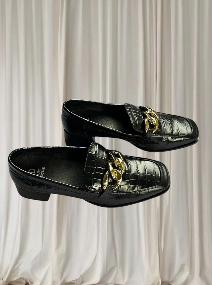 Jane Debster Croc-Embossed Loafers - Black Leather Gold Chain Detail 42 - Image 1