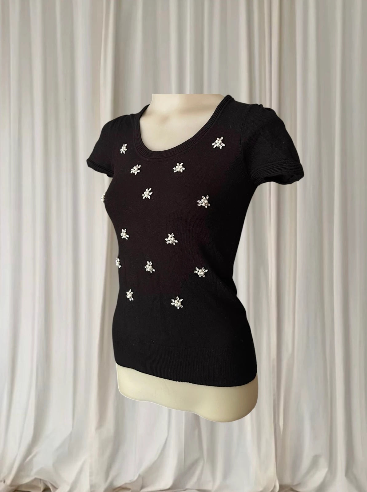 Luxe Apparel Ribbed Knit Top - Rhinestone Flower Embellishments - Image 2