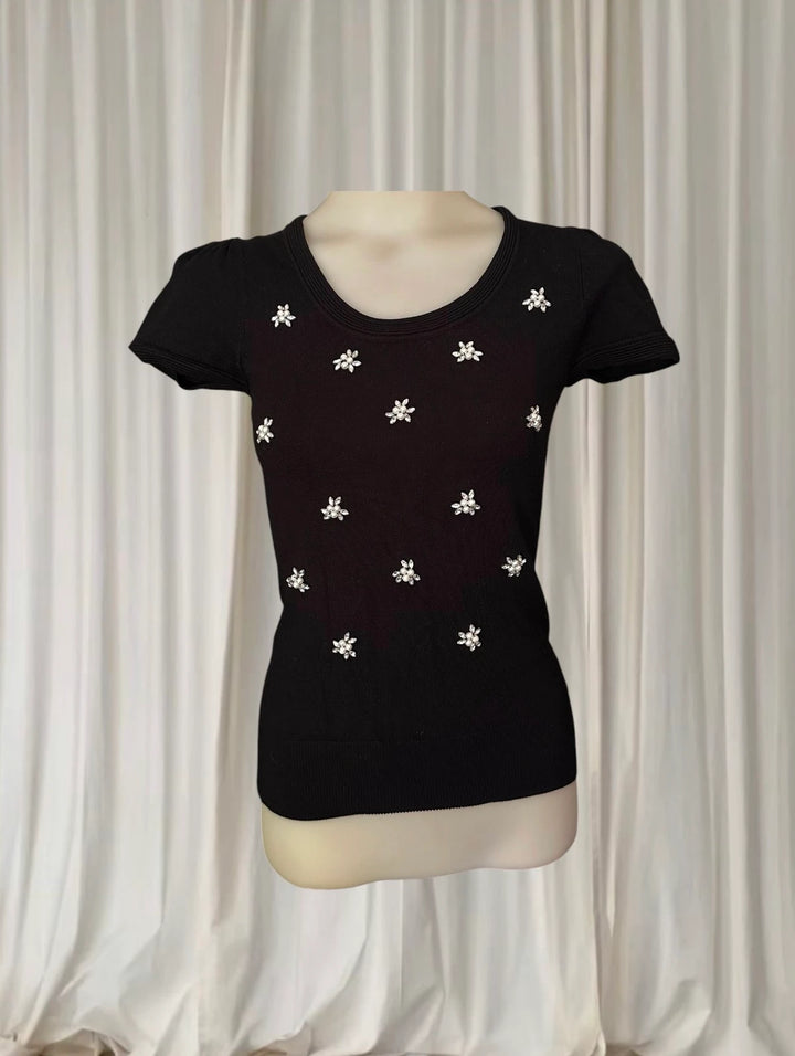 Luxe Apparel Ribbed Knit Top - Rhinestone Flower Embellishments - Image 1