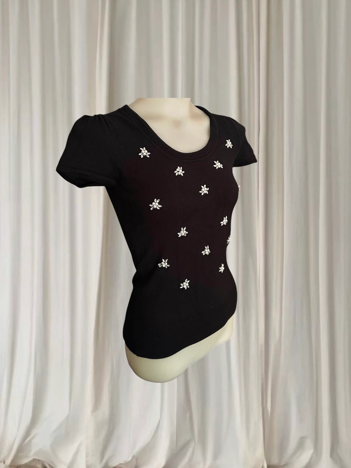 Luxe Apparel Ribbed Knit Top - Rhinestone Flower Embellishments - Image 3