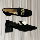 Jane Debster Block Heel Loafers - Black Suede with Gold Chain Detail - Image 1