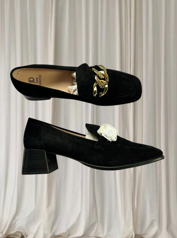 Jane Debster Block Heel Loafers - Black Suede with Gold Chain Detail - Image 1