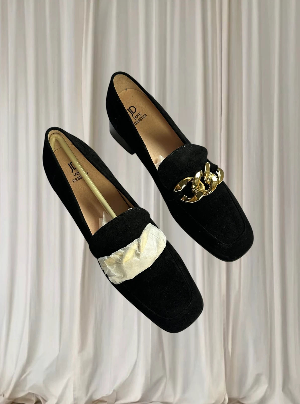 Jane Debster Block Heel Loafers - Black Suede with Gold Chain Detail - Image 2