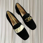 Jane Debster Block Heel Loafers - Black Suede with Gold Chain Detail - Image 2