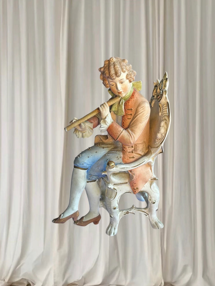 Vintage German Porcelain Figurine - Antique Hand-Painted Flute Player Statue - Image 1