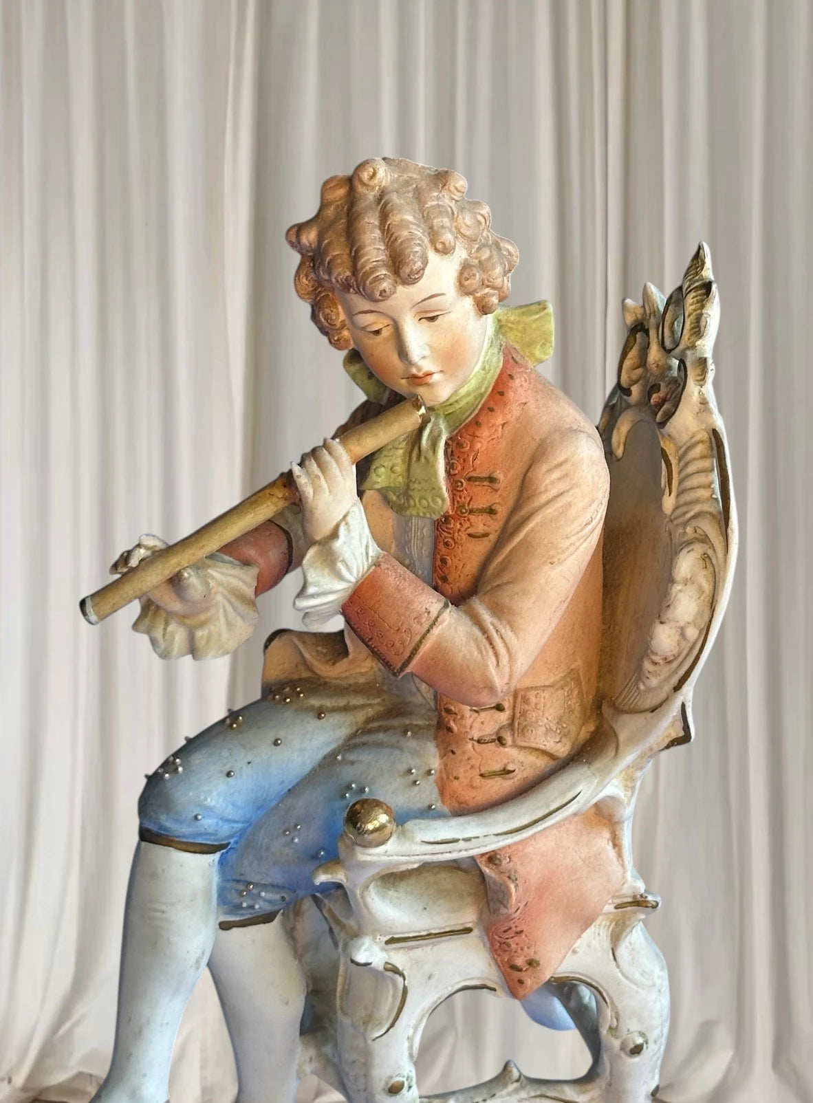 Vintage German Porcelain Figurine - Antique Hand-Painted Flute Player Statue - Image 2