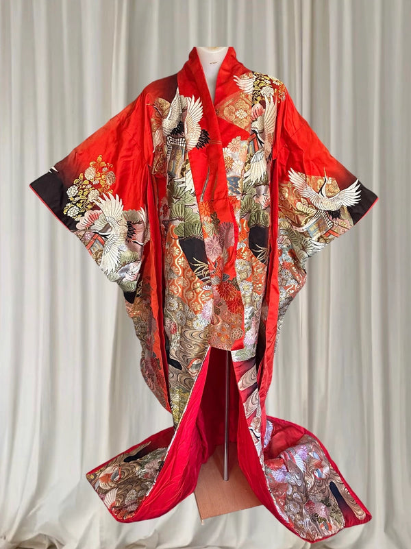 Vintage Japanese Uchikake Furisode Wedding Kimono - Intricate Crane and Floral Embroidery - Image 1