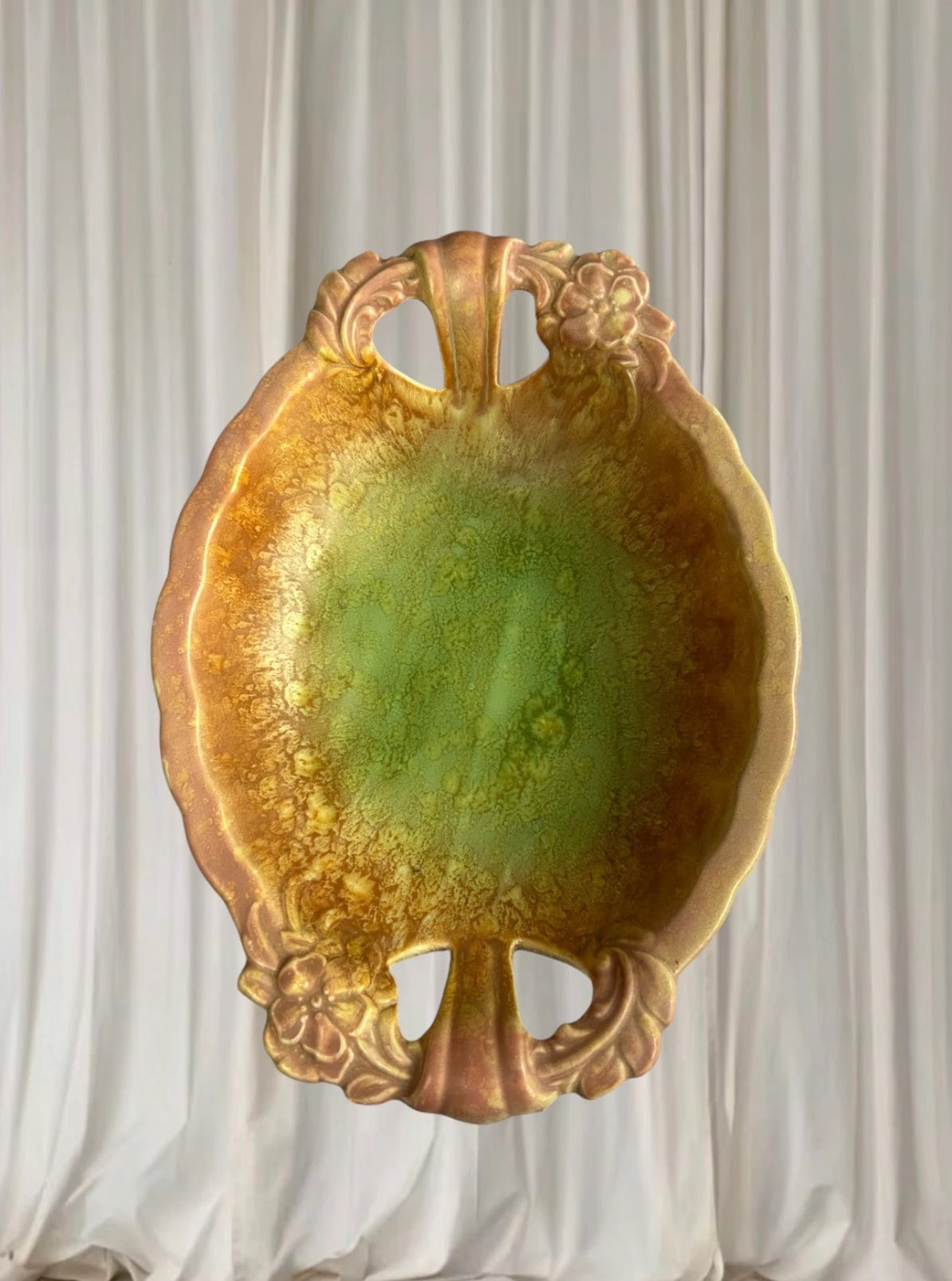 Antique Serving Bowl - Vintage Art Deco Green and Gold Ceramic Tray - Image 3