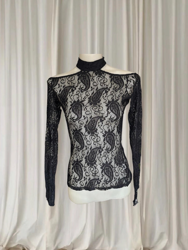 Lucky 13 Lace Top - Gothic Paisley Mock Neck Long Sleeve - Image 1