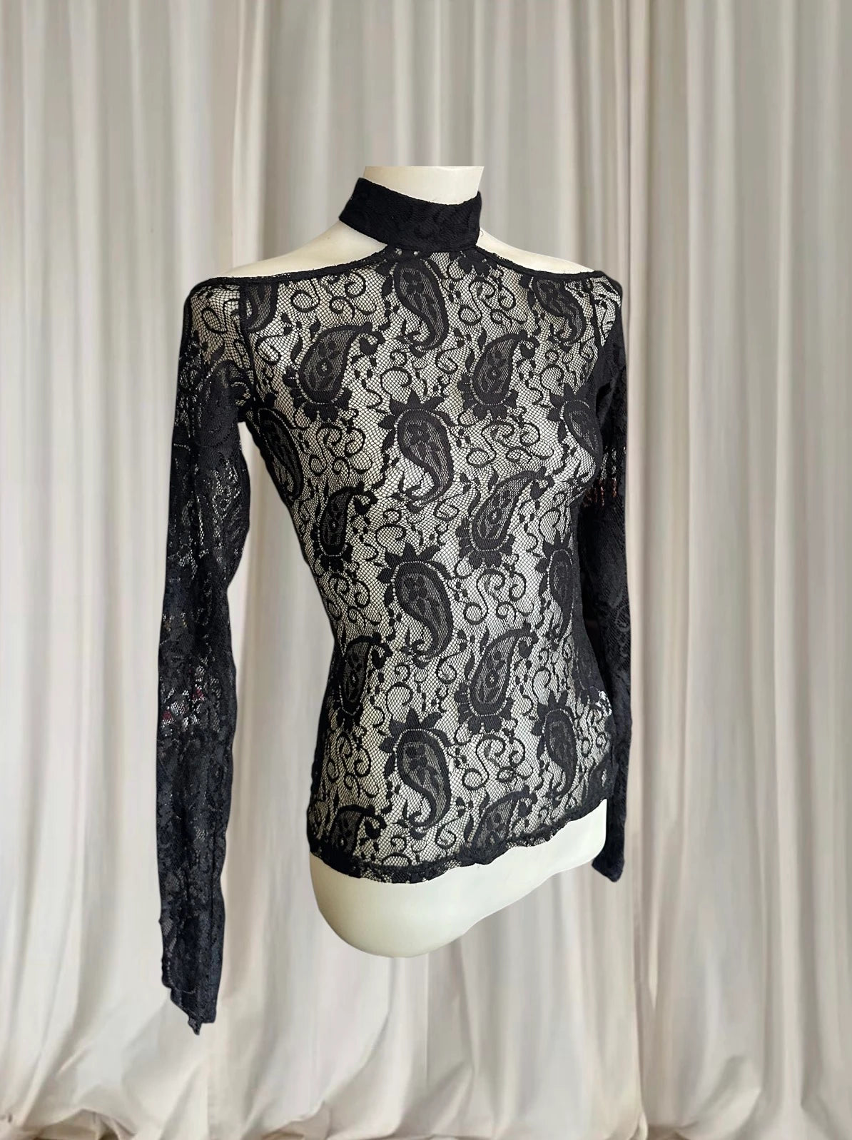 Lucky 13 Lace Top - Gothic Paisley Mock Neck Long Sleeve - Image 2