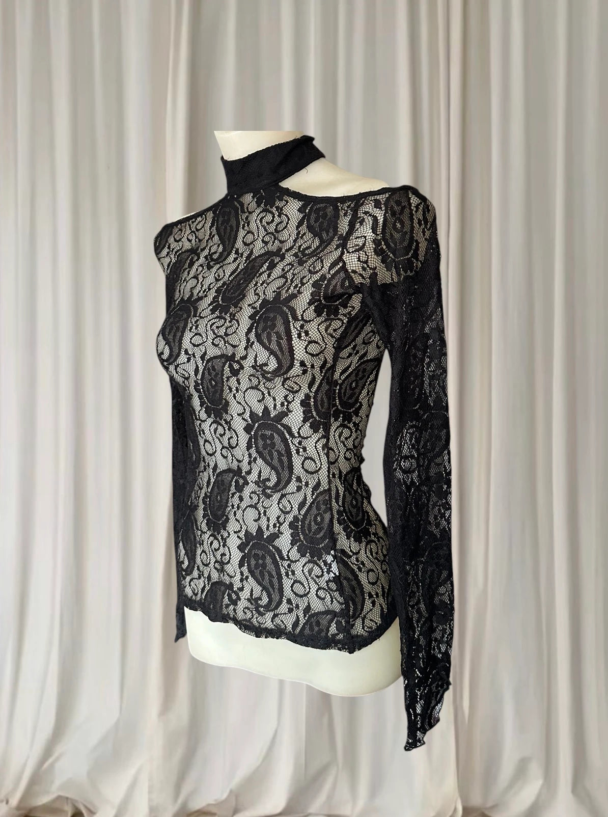 Lucky 13 Lace Top - Gothic Paisley Mock Neck Long Sleeve - Image 3