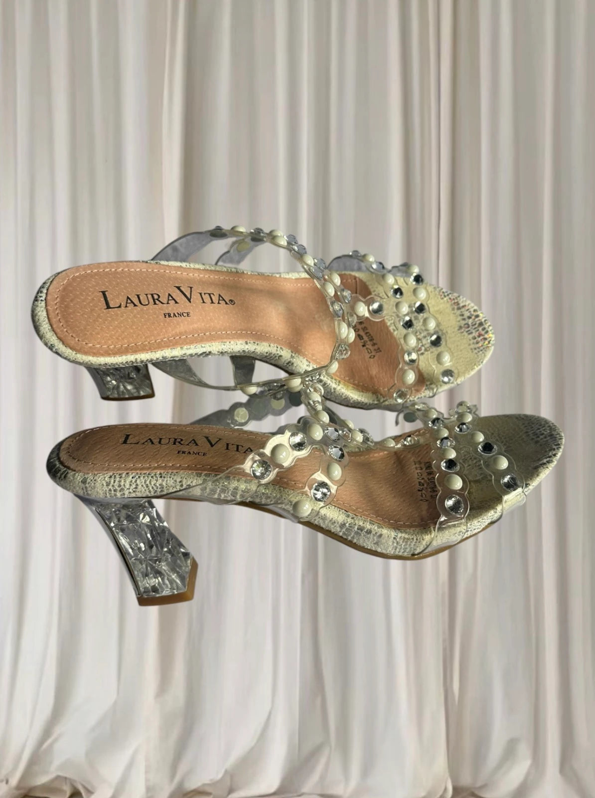 Laura Vita Block Heel Sandals - Rhinestone and Pearl Embellished Clear Straps 37 - Image 4