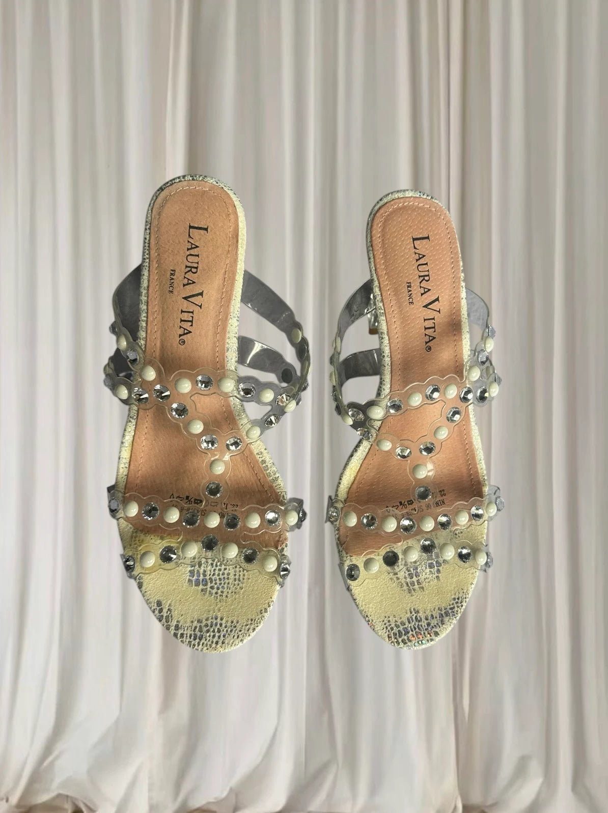 Laura Vita Block Heel Sandals - Rhinestone and Pearl Embellished Clear Straps 37 - Image 5
