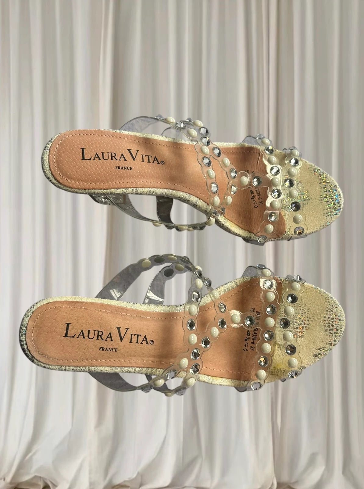 Laura Vita Block Heel Sandals - Rhinestone and Pearl Embellished Clear Straps 37 - Image 3