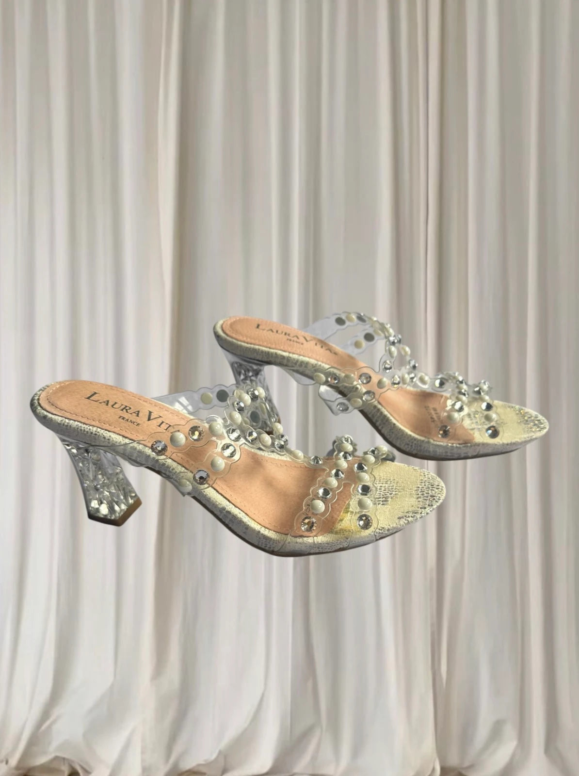 Laura Vita Block Heel Sandals - Rhinestone and Pearl Embellished Clear Straps 37 - Image 2