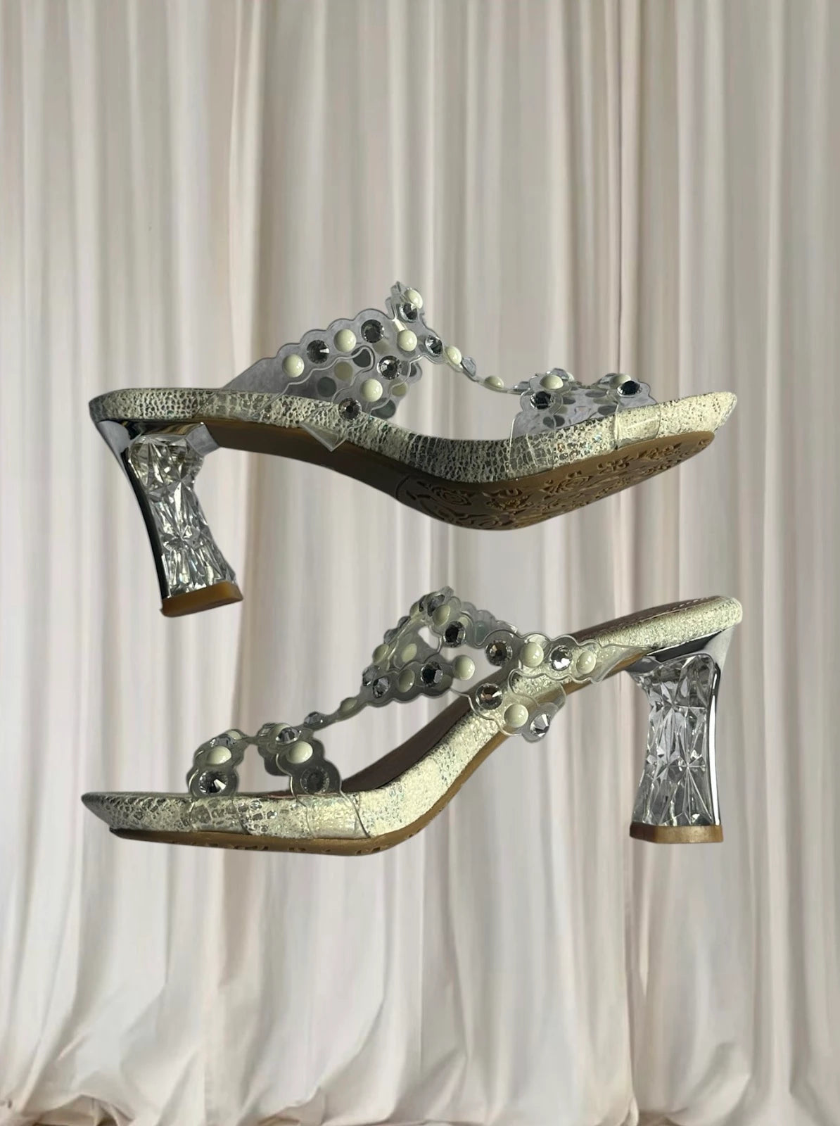 Laura Vita Block Heel Sandals - Rhinestone and Pearl Embellished Clear Straps 37 - Image 6
