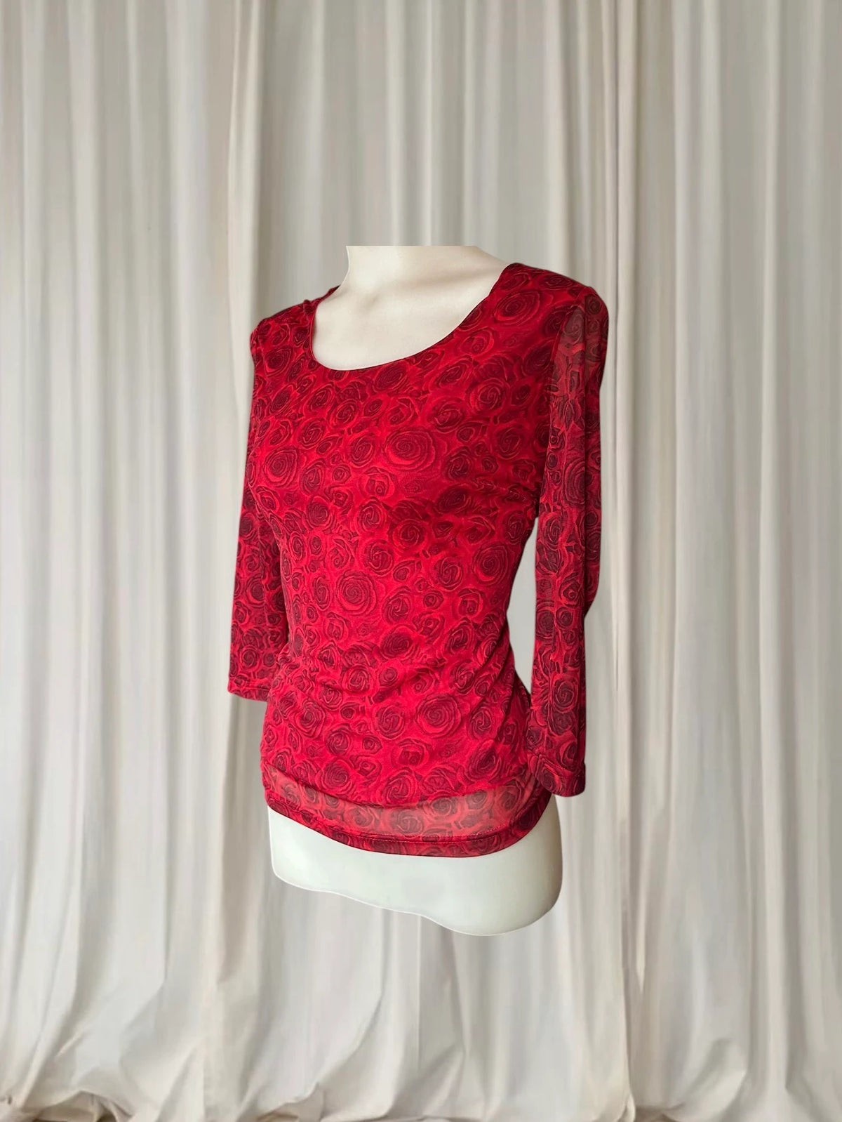 Vintage 2000s Suzanne Grae Mesh Long Sleeve Top - Red Rose Print S - Image 2