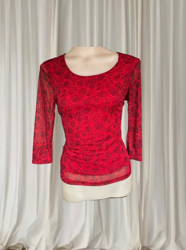 Vintage 2000s Suzanne Grae Mesh Long Sleeve Top - Red Rose Print S - Image 1