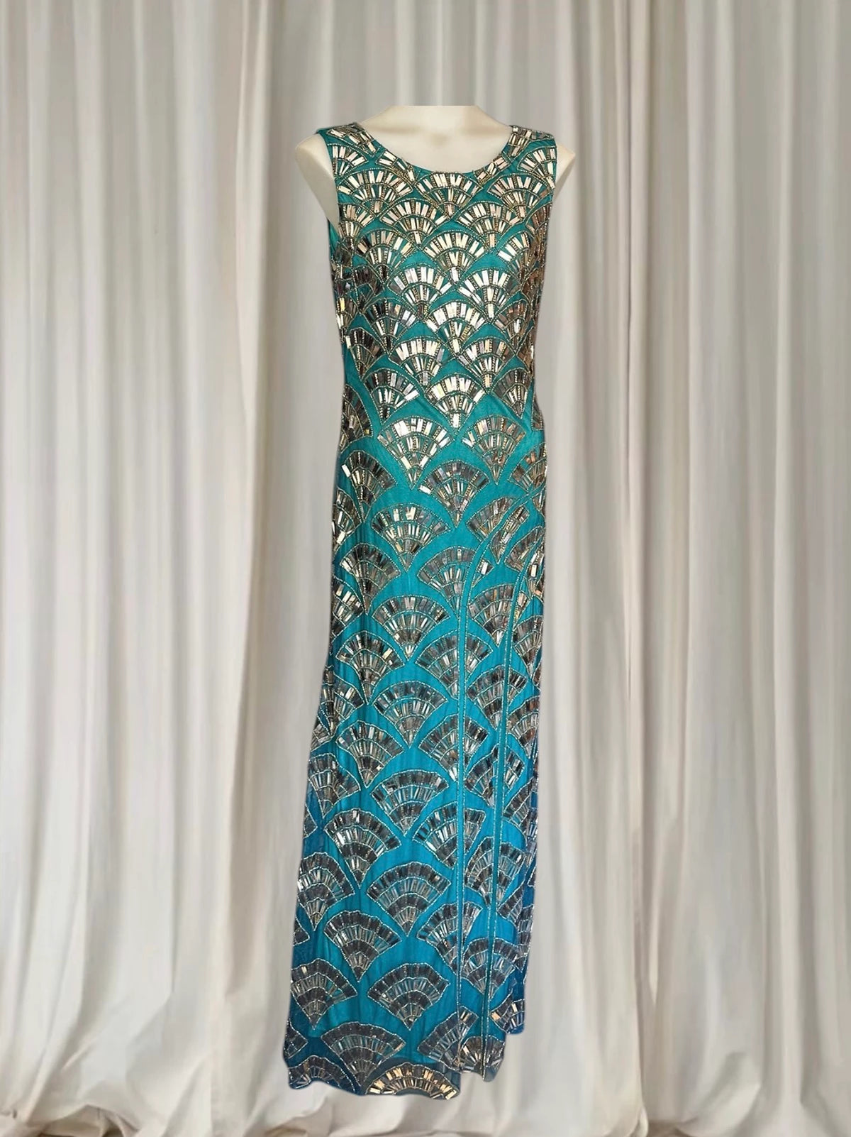 Princess Charlotte Charlie Brown Evening Gown - Art Deco Beaded Teal Green XS - Image 3