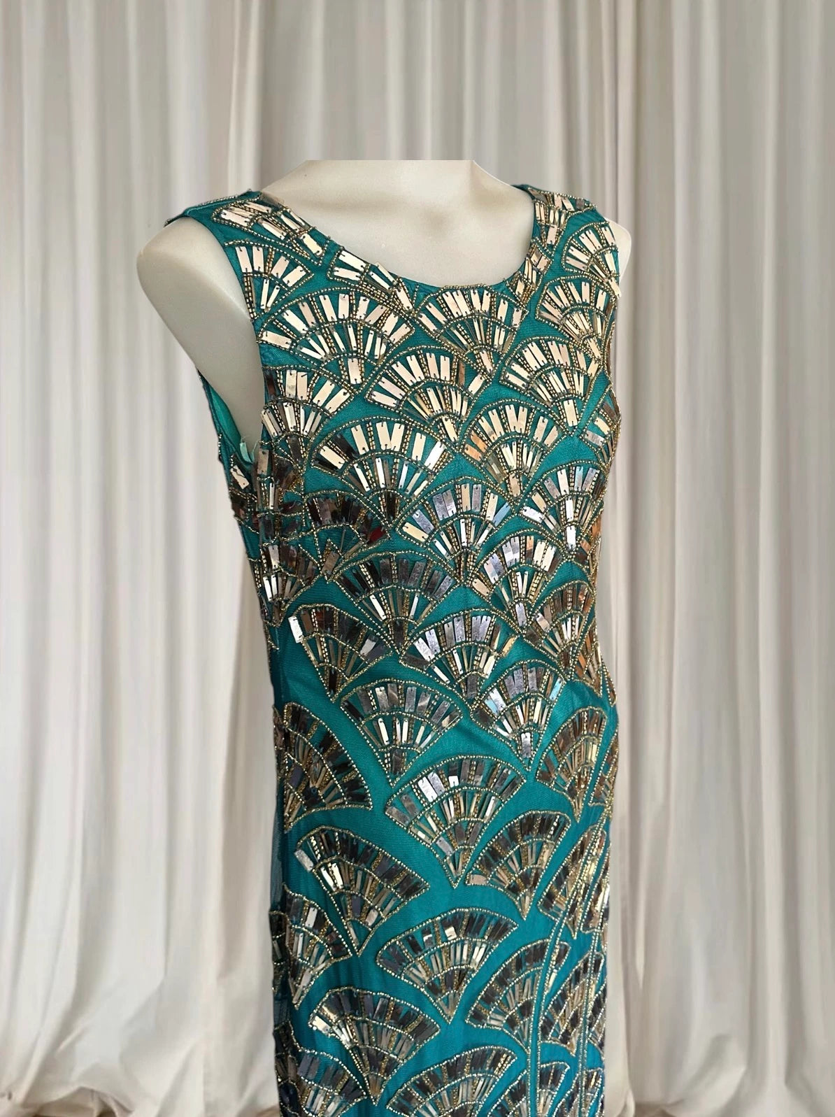 Princess Charlotte Charlie Brown Evening Gown - Art Deco Beaded Teal Green XS - Image 2
