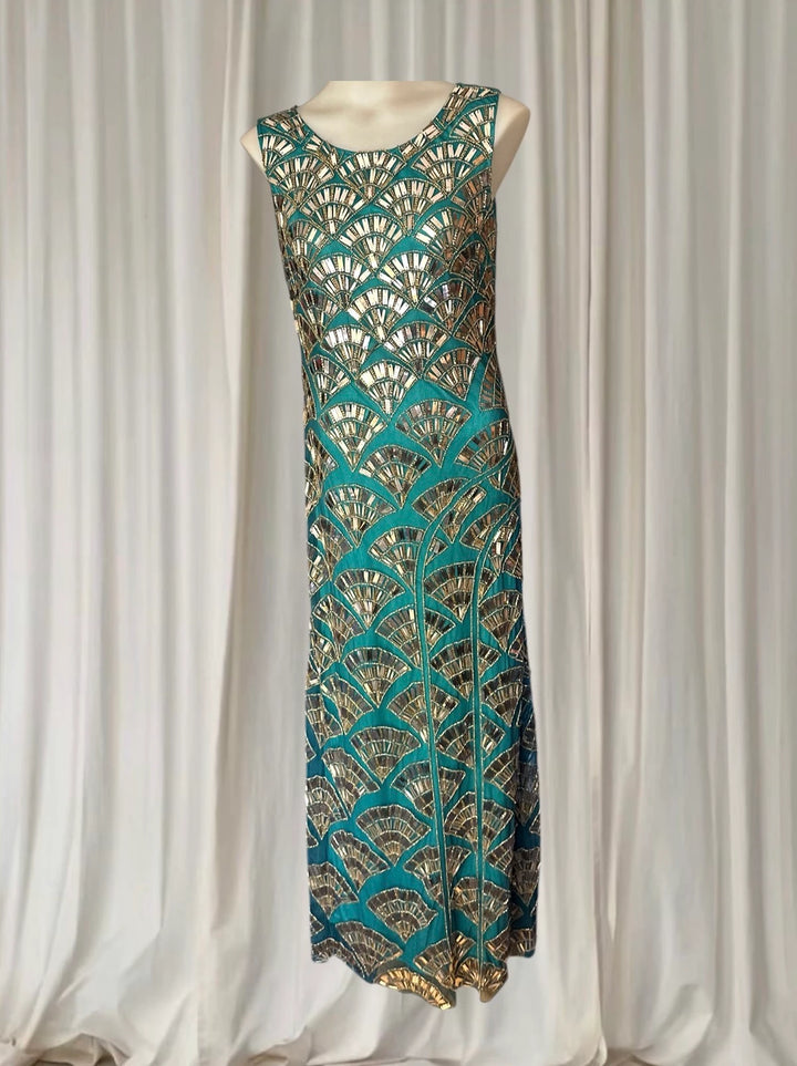 Princess Charlotte Charlie Brown Evening Gown - Art Deco Beaded Teal Green XS - Image 1