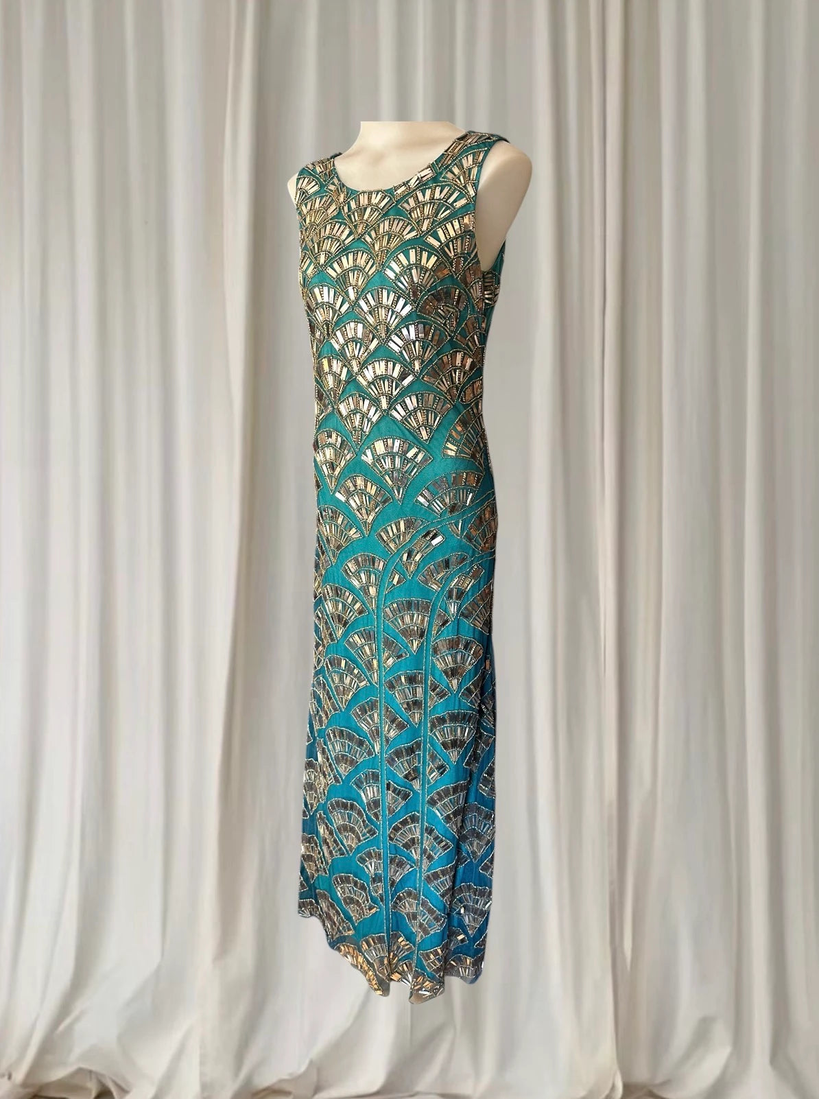 Princess Charlotte Charlie Brown Evening Gown - Art Deco Beaded Teal Green XS - Image 4
