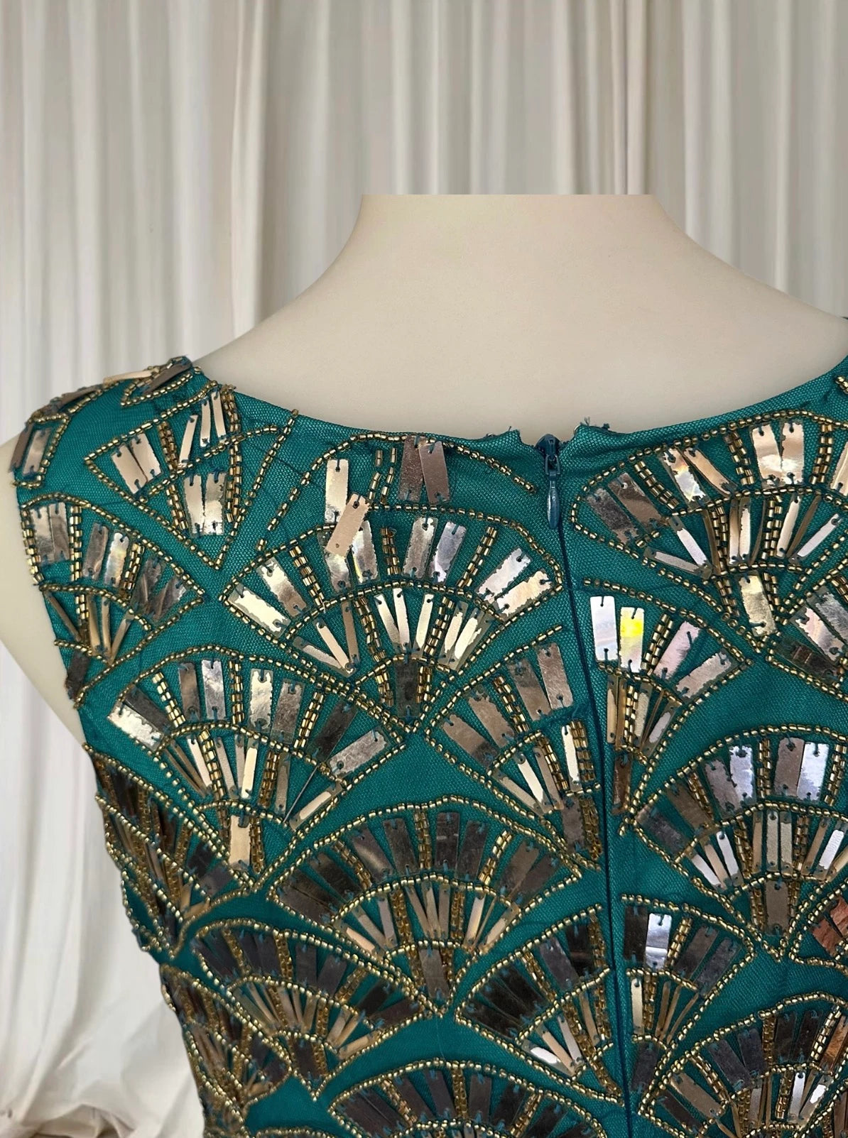 Princess Charlotte Charlie Brown Evening Gown - Art Deco Beaded Teal Green XS - Image 8
