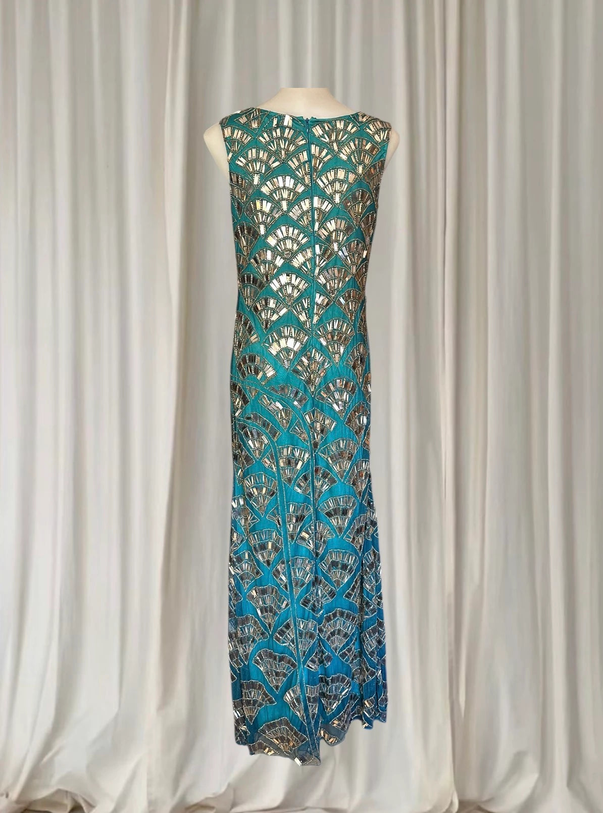 Princess Charlotte Charlie Brown Evening Gown - Art Deco Beaded Teal Green XS - Image 5