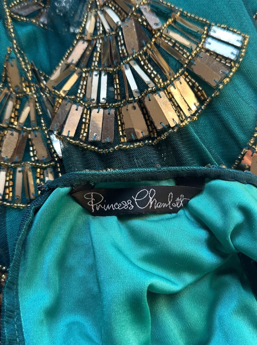 Princess Charlotte Charlie Brown Evening Gown - Art Deco Beaded Teal Green XS - Image 6