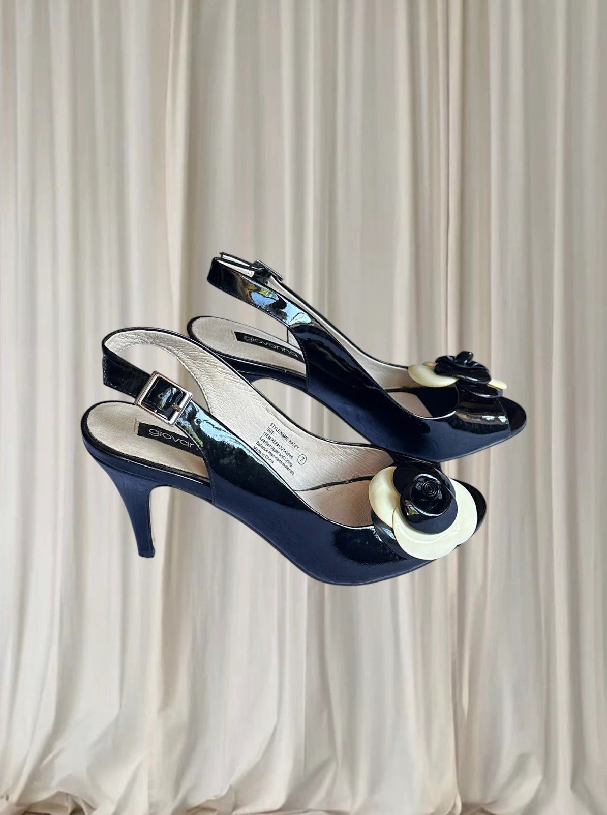 Giovanna Vintage Slingback Heels - Italian Leather. Black Floral Detail. AU7 - Image 1