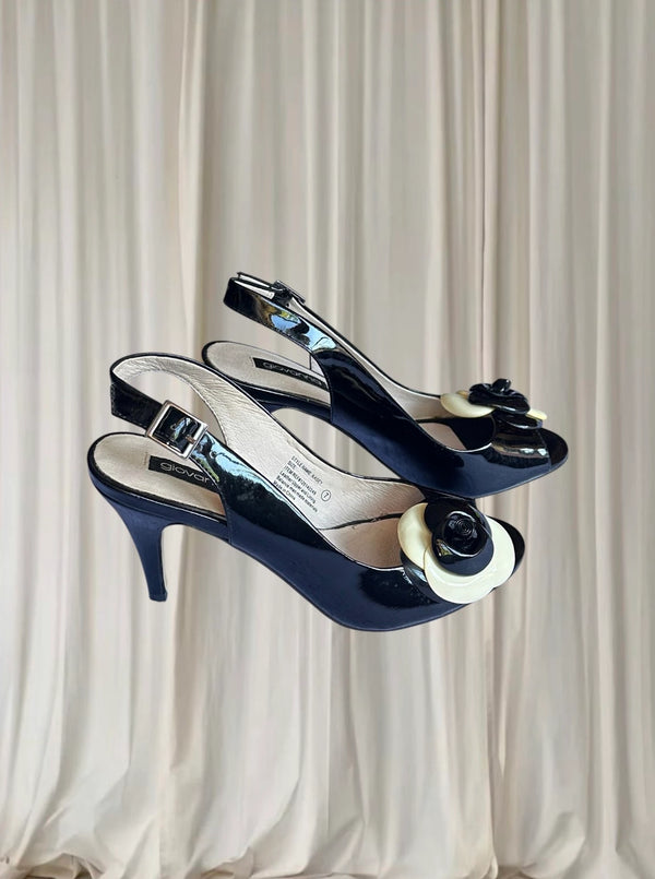 Giovanna Vintage Slingback Heels - Italian Leather. Black Floral Detail. AU7 - Image 1