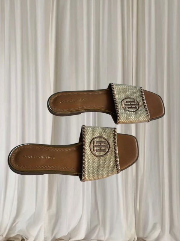 Tommy Hilfiger Woven Raffia Slide Sandals - Brown Logo Detail AU10 - Image 1