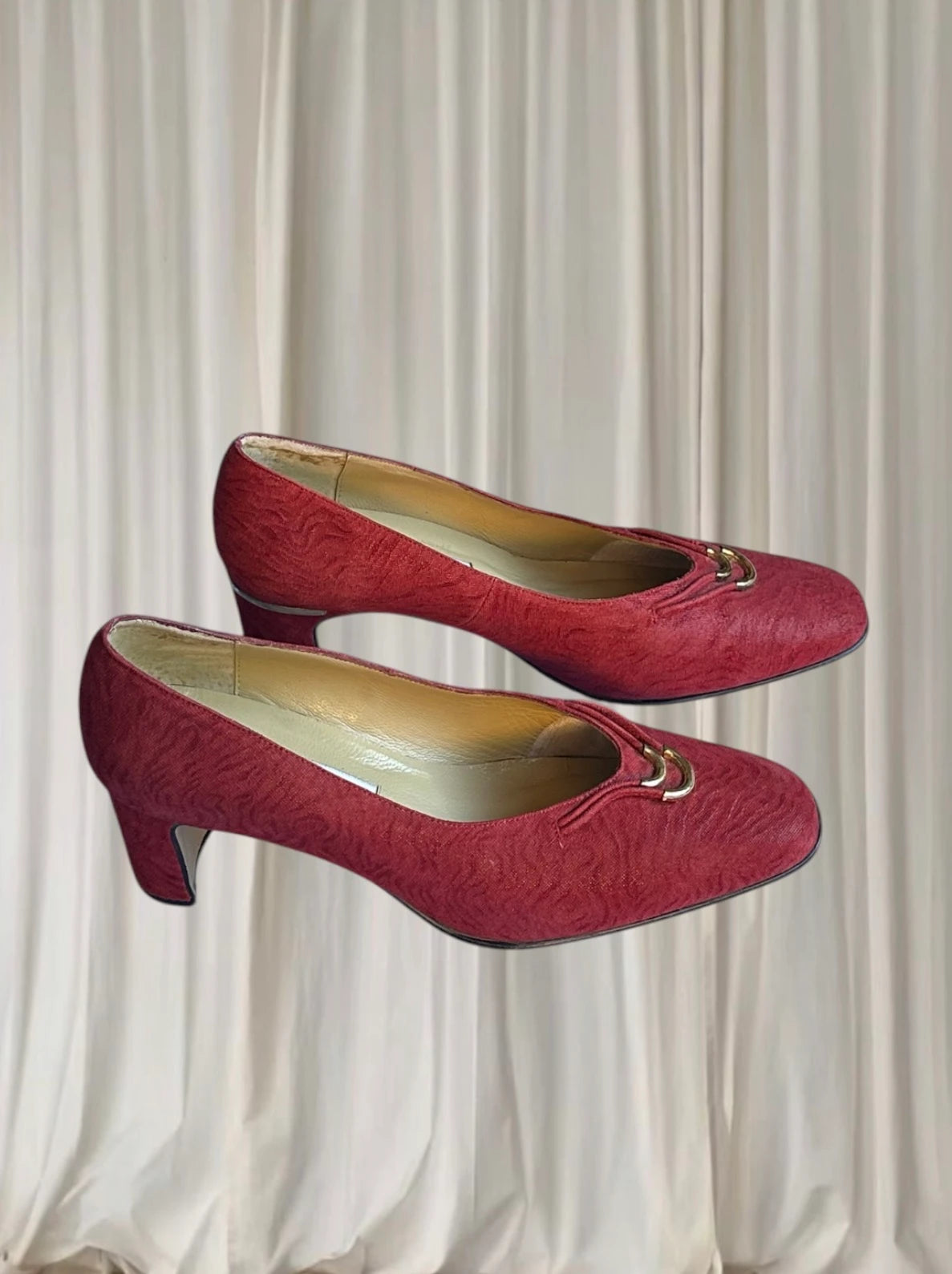 Floriano Italian Vintage Textured Kitten Heel Pumps - Elegant Gold Hardware 9 - Image 1