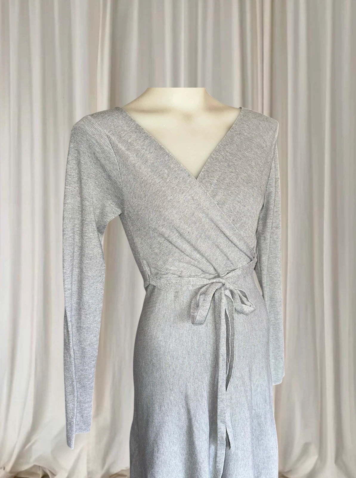 Vintage Y2K Sunny Girl Ribbed Knit Wrap Dress - Long Sleeve Midi in Grey S - Image 2
