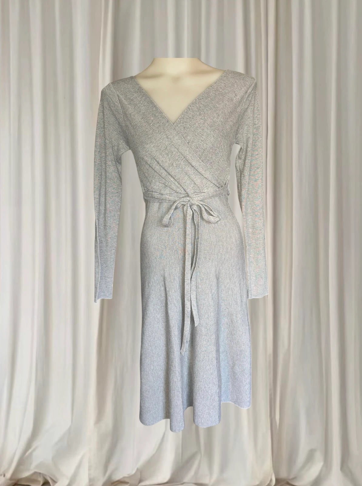 Vintage Y2K Sunny Girl Ribbed Knit Wrap Dress - Long Sleeve Midi in Grey S - Image 1
