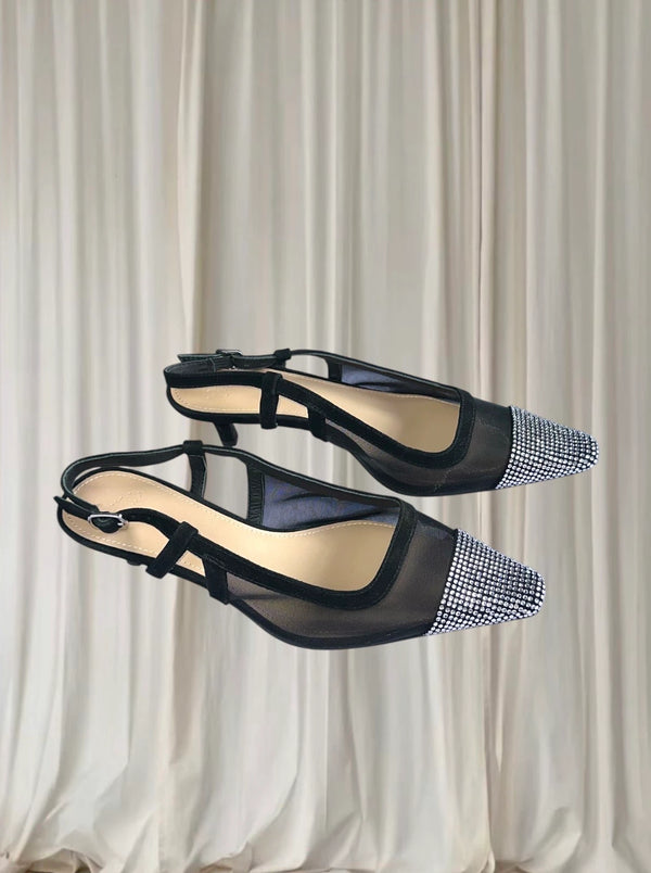 Y2K Rhinestone Mesh Slingback Heels - Elegant Black Cap Toe 39 - Image 1